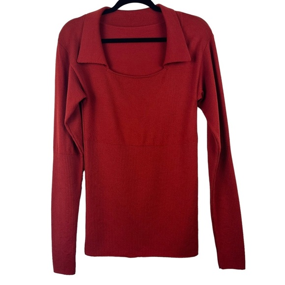 JACQUEMUS Brick Red Rust Orange Ribbed Collared Fitted Sweater 100% Wool US M 6 - Picture 5 of 16